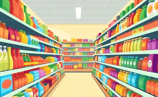 A vibrant supermarket aisle illustrating budgeting challenges