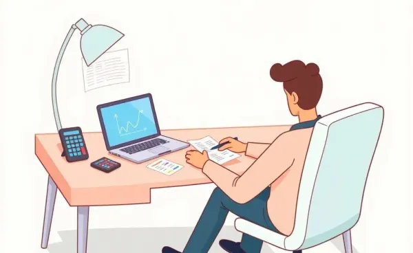 A person comparing mortgage rates on a desk with a calculator and papers