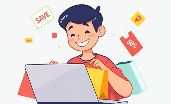 Illustration of person enjoying savings from online shopping offers