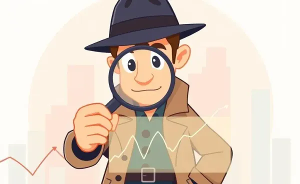 Detective with a magnifying glass over a stock chart