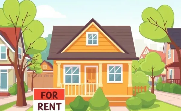 Cozy home with 'For Rent' sign in a lively neighborhood