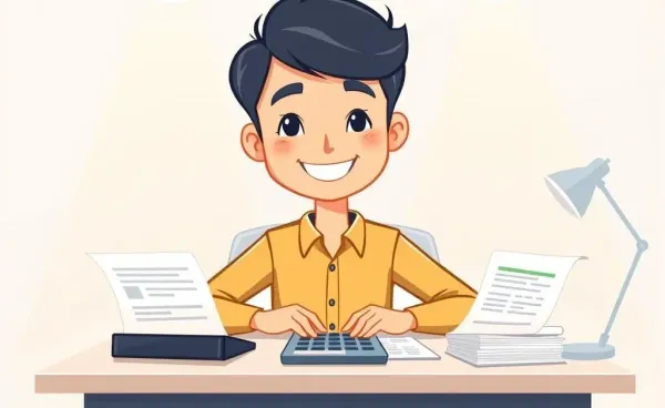 A playful illustration of a person managing finances at a desk