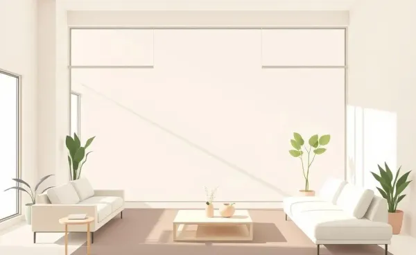 A serene minimalist living room with cozy furnishings and natural light