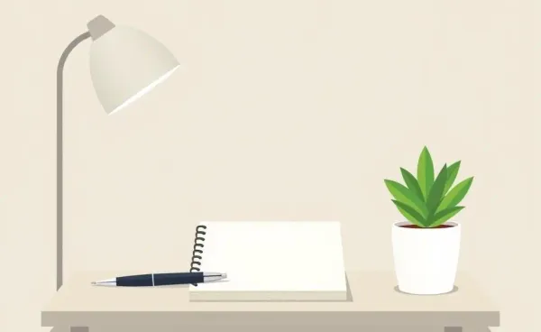 A minimalist desk setup with a notebook and plant