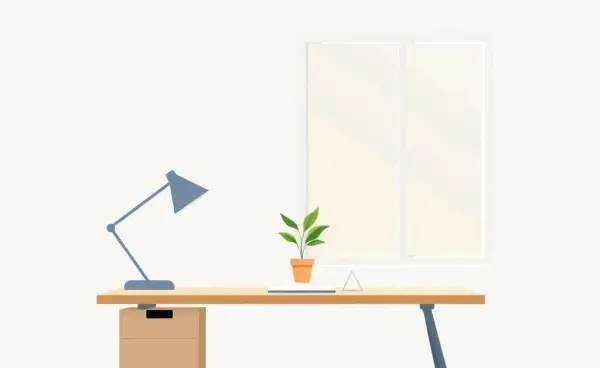 A minimalist workspace with a tidy desk and soft lighting