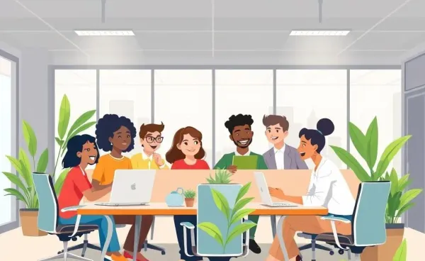 An illustration of a team working in a flat organizational structure