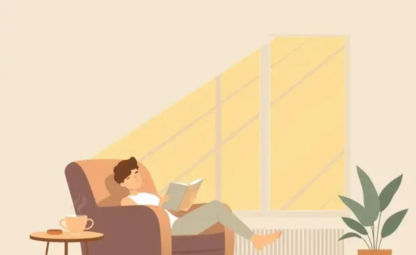 A cozy living room with a person reading a book and sipping tea