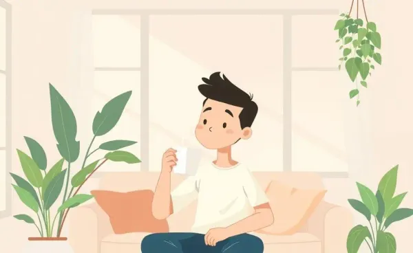 Person relaxing with coffee in a peaceful minimalist living room