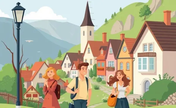 Travelers enjoying a slow-paced visit to a scenic village