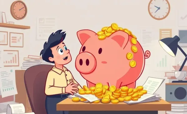 A person surprised by a huge piggy bank filled with coins.
