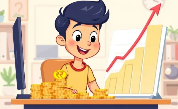 Person excitedly looking at a small pile of rupees with a chart showing growth.