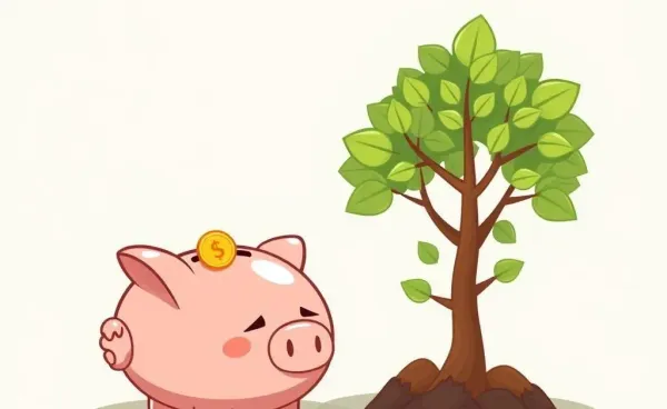 Illustration of a small piggy bank beside a growing financial tree