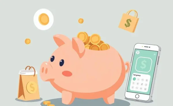 A piggy bank surrounded by money-saving symbols