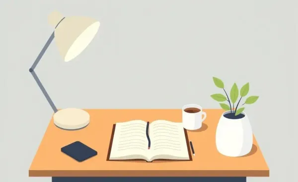 A peaceful desk setup with a journal and coffee