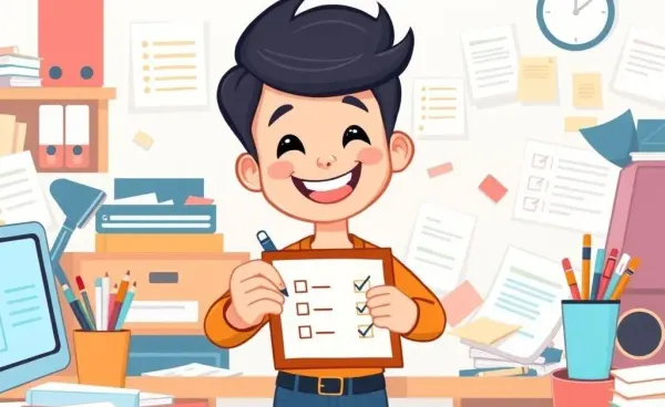 A person checking off tasks on a clipboard with a smile.