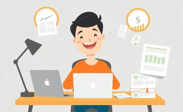 A happy person at a desk managing finances
