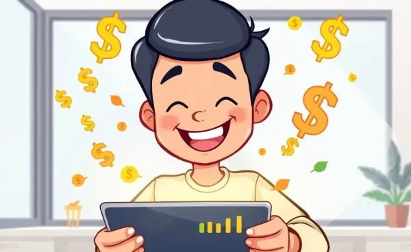A person joyfully managing finances with digital tools