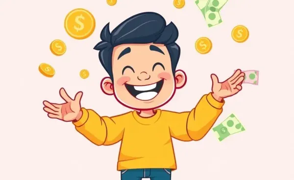 A cheerful cartoon character juggling coins and bills.