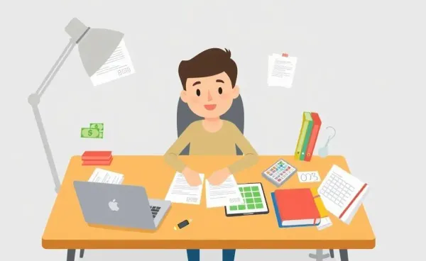 Person organizing finances at a desk with a laptop and planner