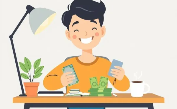 A person organizing cash and cards with a smile at a desk.