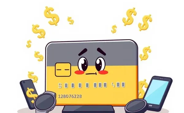 A cartoon-style credit card with a thoughtful expression, surrounded by dollar signs and gadgets