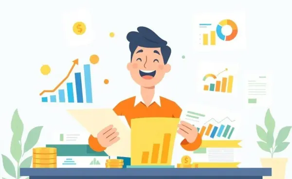 A person managing their finances surrounded by graphs and coins