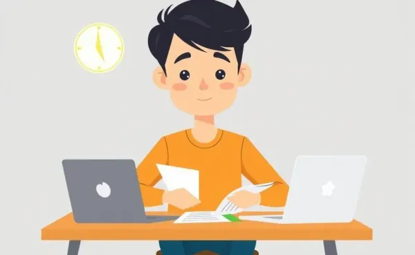 A young adult at a desk studying financial documents for investing.