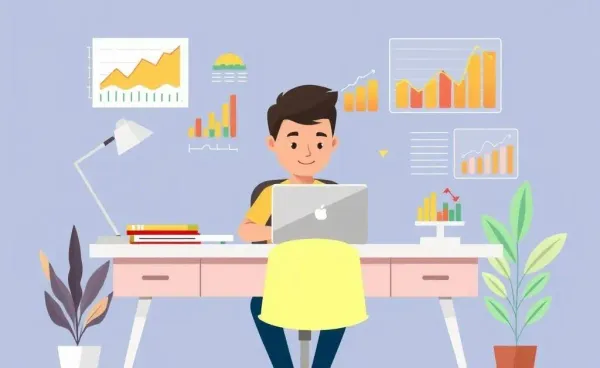 Person surrounded by investment charts at a desk.