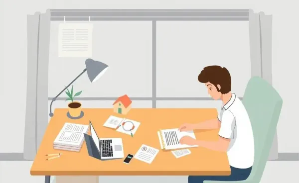 A person exploring real estate investment opportunities on a desk with notes and a laptop