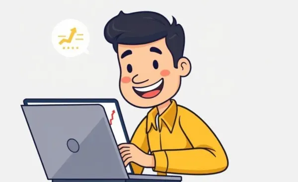 Cartoon of an investor analyzing Intel stock charts on a laptop
