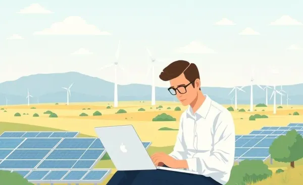 A smart investor analyzing energy market trends on a laptop with a backdrop of solar panels and wind turbines