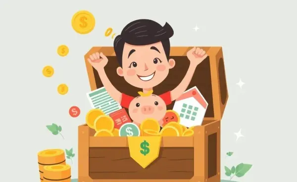 Friendly person opening a treasure chest of savings symbols
