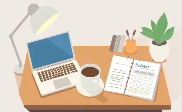 A cozy setup for planning financial savings with a laptop and notepad.