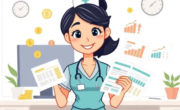 A nursing student sitting at a desk, happily budgeting