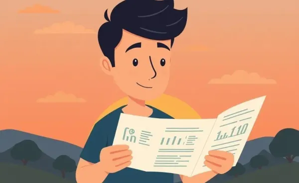 A cartoon person reviewing financial documents at sunset, symbolizing calm personal finance management
