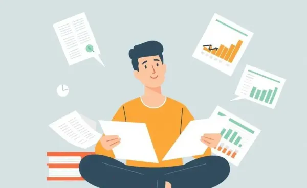 A calm person navigating through 401(k) paperwork and charts