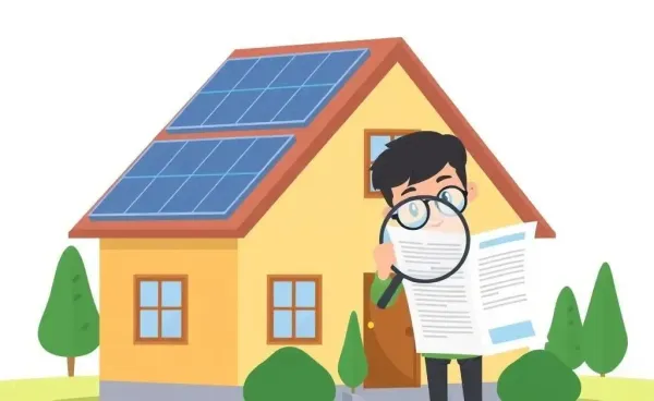 Cartoon of a house with solar panels and a person examining a contract