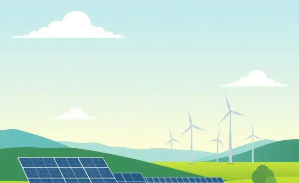 A scenic landscape with solar panels and wind turbines.