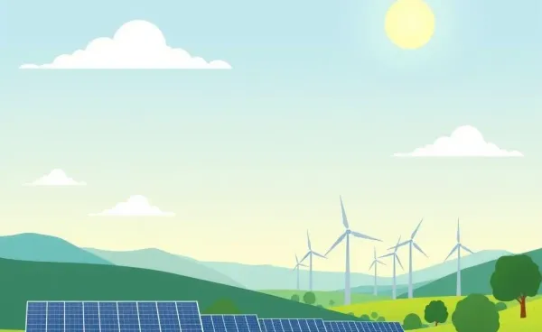 A landscape with solar panels and wind turbines under a blue sky