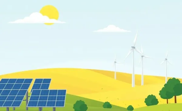 Illustration of solar panels and wind turbines in a field