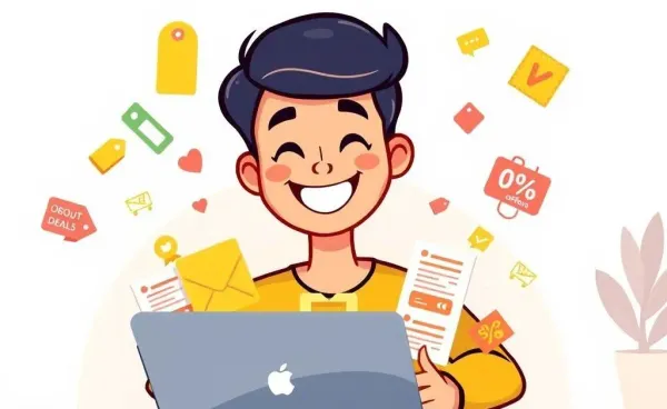 A person happily organizing shopping offers on a laptop