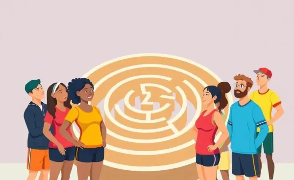 A diverse group in sports outfits looking at a maze representing the complexity of insurance