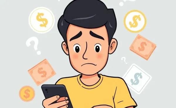 A puzzled person on a phone with financial symbols floating around.