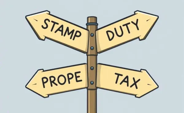 An illustrated signpost at a crossroads with directions for Stamp Duty and Property Tax