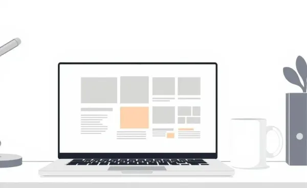 A tidy workspace with a laptop displaying an open portfolio.