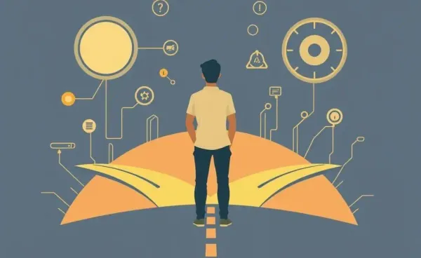 A person contemplating different career paths with tech elements in the background at a crossroads.