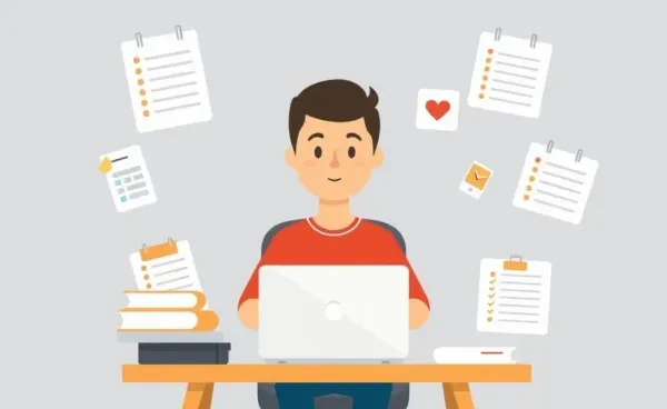 A person at a desk with floating to-do lists and reminders around them