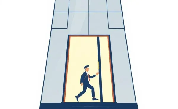 A person stepping out of an office building with confidence