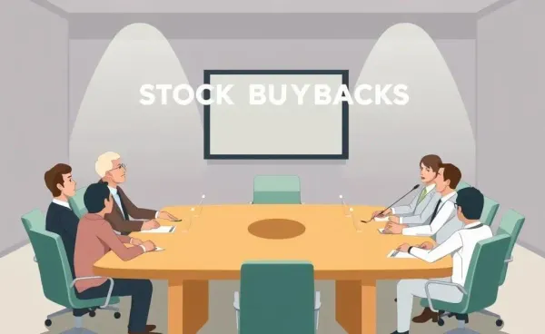 Boardroom meeting discussing stock buybacks.