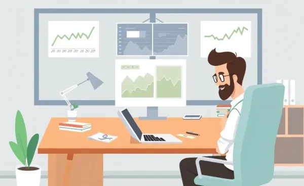 A peaceful office setup with stock graphs on a laptop depicting stock buybacks